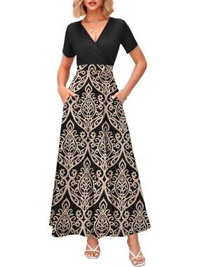 Women's Khaki Summer Maxi Dress Wrap V Neck Elegant Long Dress Short Sleeve